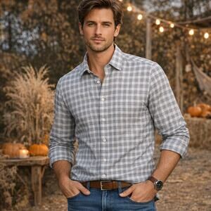 Theory SZ L Men's Zack_Bowrey Gray/White Check Linen Blend Shirt